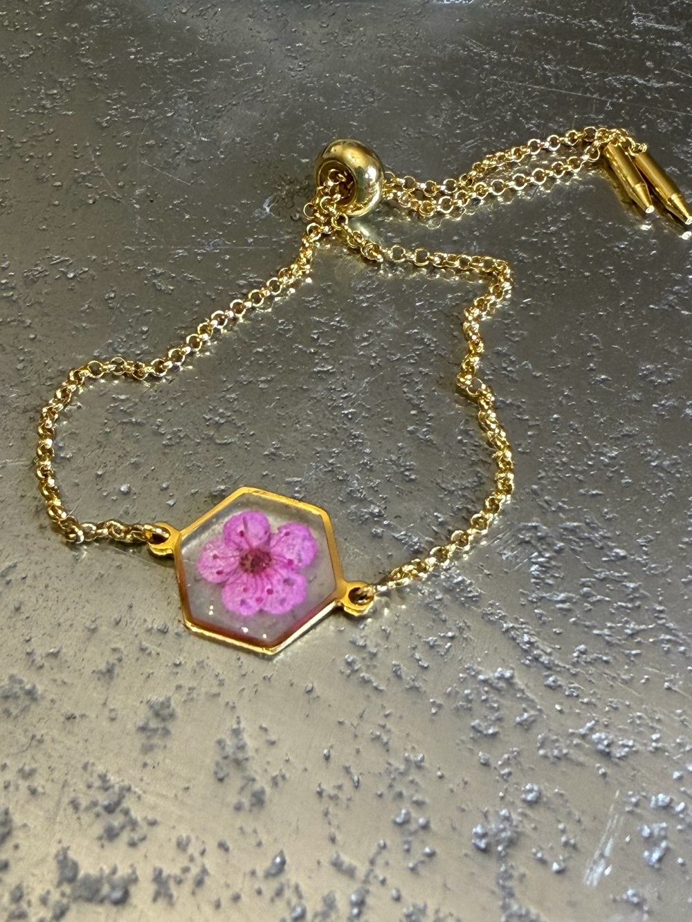 Gold-Tone Hexagon Bracelet with Pink Floral Inlay